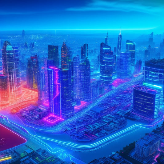 A futuristic cityscape with sleek skyscrapers, neon lights, and holographic displays, featuring a giant circuit board with glowing connections, surrounded by orbiting digital coins and abstract payment symbols.