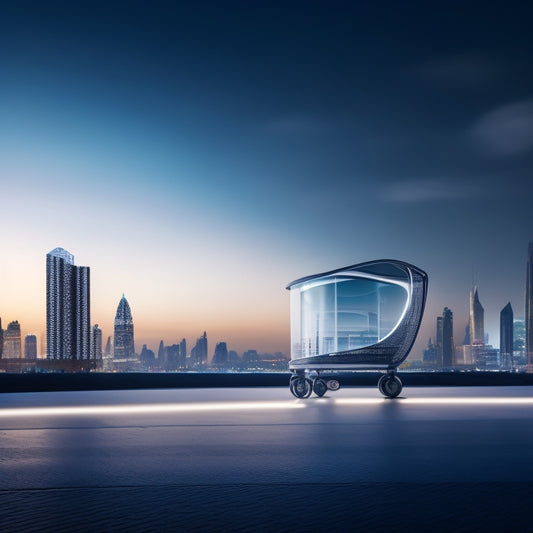 A futuristic, minimalist online storefront with a sleek, silver shopping cart hovering above a cityscape at dusk, surrounded by swirling lines and shapes representing digital transactions.