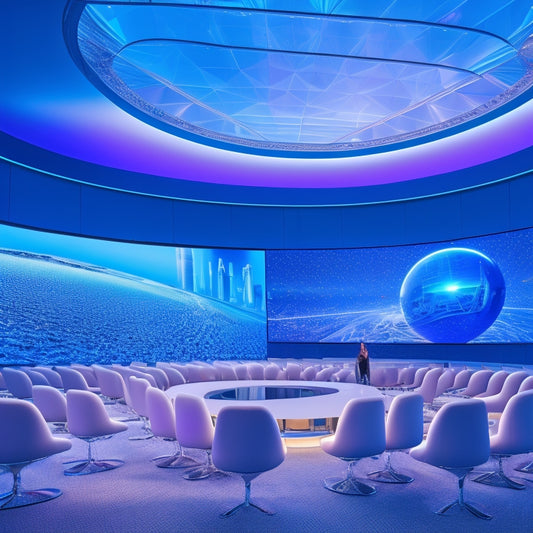 A futuristic, sleek conference hall with rows of chairs and a massive, curved screen displaying a 3D cityscape, surrounded by holographic event planners and floating, glowing orbs.