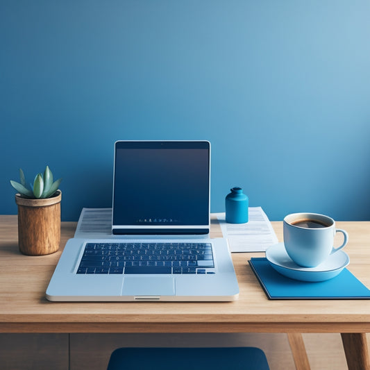 A minimalist illustration featuring a wooden desk with a sleek, silver laptop, a cup of steaming coffee, and a neatly organized stack of papers with a faint grid pattern, surrounded by a subtle background of gentle, soothing blues.