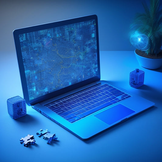 A minimalist illustration featuring a laptop with a glowing screen, surrounded by interconnected puzzle pieces, gears, and flowing lines, conveying efficiency and smooth digital product fulfillment.
