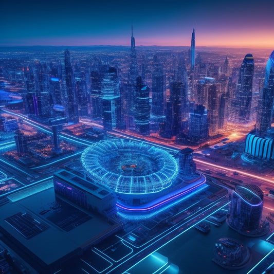 A futuristic cityscape at dusk with glowing blue circuits and neon lights, featuring a large, stylized gear at the center, surrounded by orbiting icons of laptops, smartphones, and tablets.