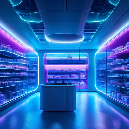 A futuristic e-commerce store interior with sleek, glowing shelves and neon-lit product displays, surrounded by swirling clouds of code and virtual reality elements, with a subtle cityscape background.