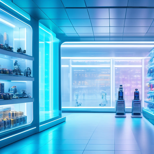A futuristic retail landscape with sleek, minimalist shelves and holographic product displays, surrounded by gleaming robots and drones, amidst a blurred cityscape with neon lights and towering skyscrapers.