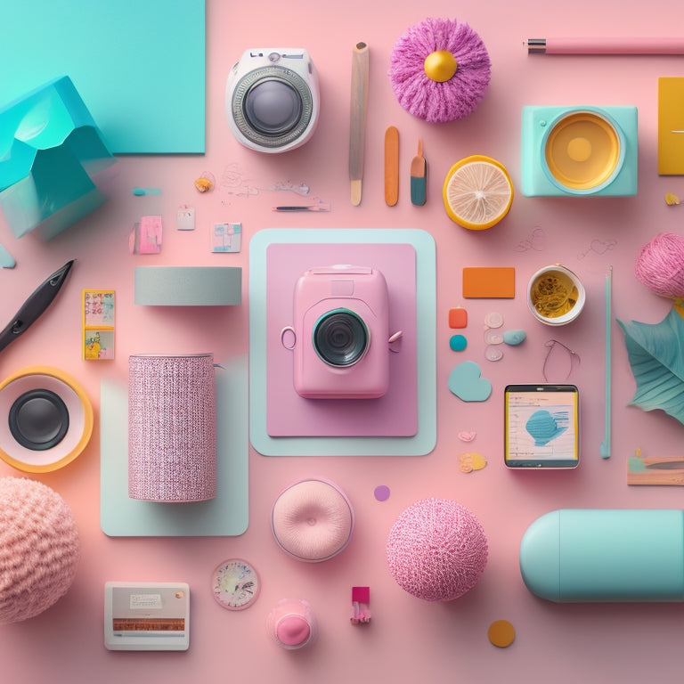 A colorful, abstract illustration featuring a mix of digital devices, craft supplies, and whimsical elements, blending modern technology with handmade charm, set against a soft, pastel background.