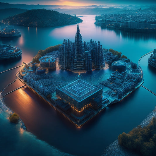 A futuristic digital landscape with a fortified website stronghold in the center, surrounded by a moat of circuit boards and gears, as waves of malicious code and hacker silhouettes crash against its defenses.