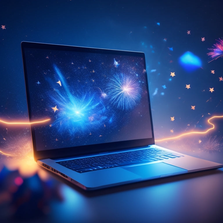 A futuristic, sleek, and modern illustration featuring a laptop with a glowing screen displaying a payment gateway, surrounded by rising arrows, fireworks, and confetti, set against a dark blue background with subtle stars.