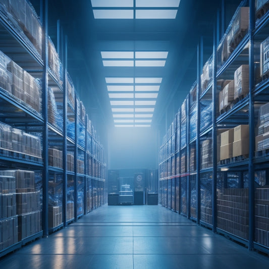 A futuristic warehouse with sleek shelves and robots navigating aisles, surrounded by holographic inventory displays and a cityscape backdrop, symbolizing efficient inventory management and e-commerce innovation.
