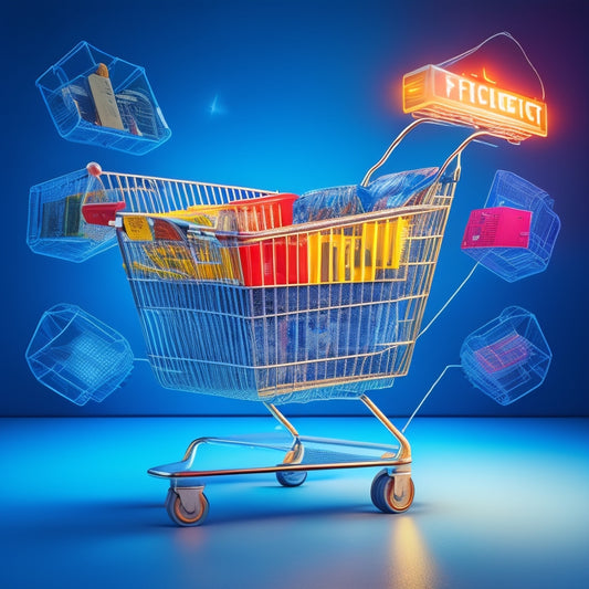 A stylized illustration of a shopping cart bursting out of a small screen, with gears and circuits surrounding it, morphing into a massive, sprawling ecommerce platform with servers and data centers in the background.