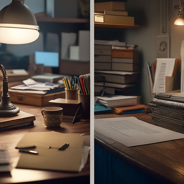 A split-screen composition featuring a cluttered, dimly lit workspace with scattered papers and broken pencils on one side, and a tidy, well-organized desk with a single, sharp pencil and a few, select folders on the other.