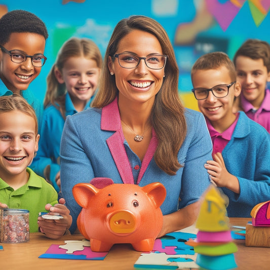 A colorful illustration of a smiling teacher standing in front of a bulletin board with a stylized piggy bank, coins, and puzzle pieces, surrounded by happy K-12 students engaged in various activities.