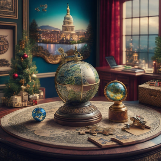 An illustration of a merchant's desk with a globe, scales, and a shield, surrounded by puzzle pieces fitting together, with a subtle cityscape background and a hint of festive holiday decorations.