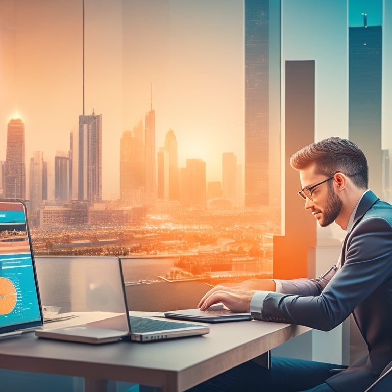 A stylized illustration of a customer service representative sitting in front of a laptop, surrounded by upward-arrows and rising graphs, with a subtle cityscape background and a warm, uplifting color palette.
