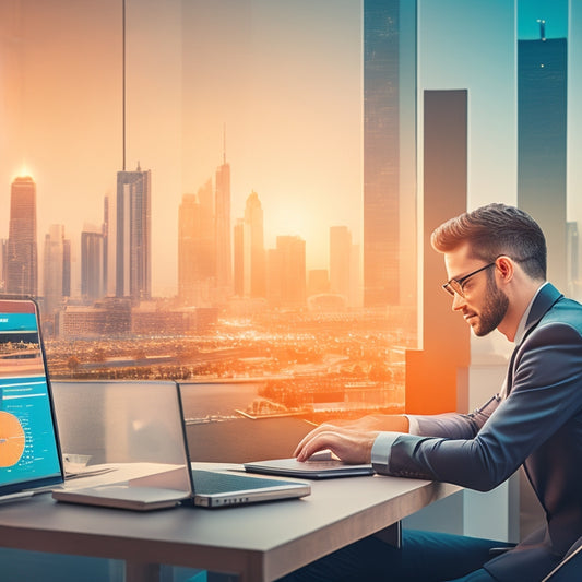 A stylized illustration of a customer service representative sitting in front of a laptop, surrounded by upward-arrows and rising graphs, with a subtle cityscape background and a warm, uplifting color palette.