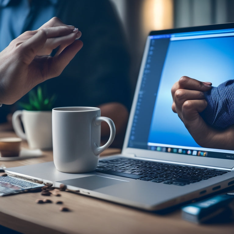 A broken laptop screen displaying a website error message, surrounded by scattered papers, coffee cups, and a frustrated person's hand covering their face in the background.