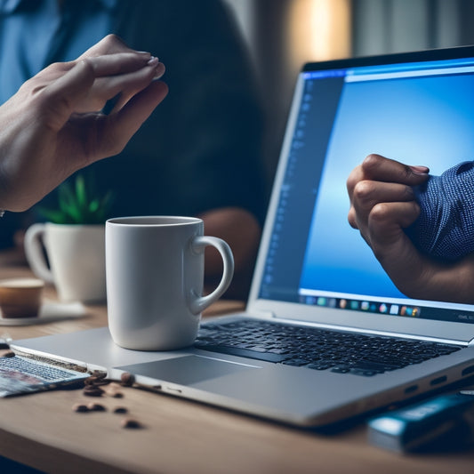 A broken laptop screen displaying a website error message, surrounded by scattered papers, coffee cups, and a frustrated person's hand covering their face in the background.