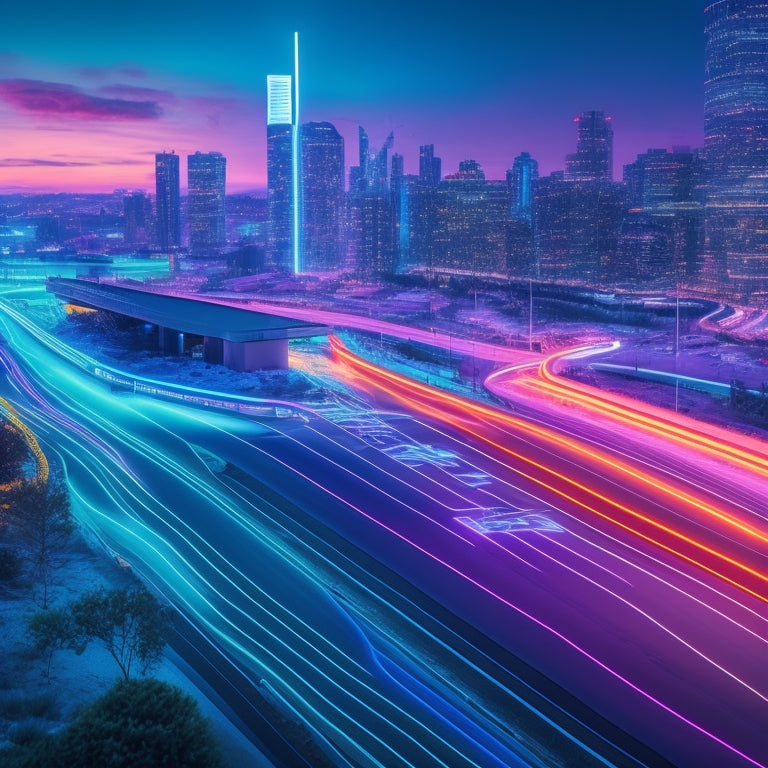 A futuristic, neon-lit cityscape at dusk with a winding road leading to a glowing online storefront, surrounded by ascending graphs, gears, and puzzle pieces, symbolizing growth and mastery.