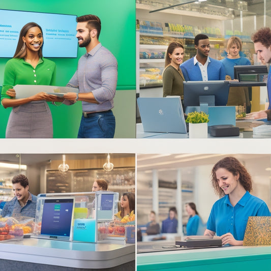 A split-screen image featuring a modern retail storefront on the left, with a cashier operating a sleek POS system, and a trainer instructing a group of smiling students on the right, surrounded by laptops and QuickBooks branding.
