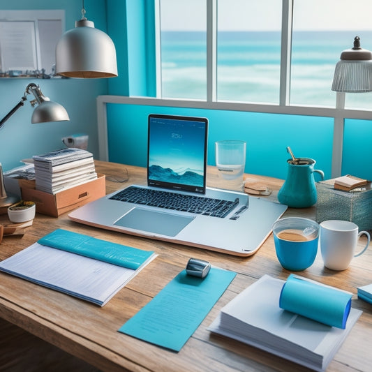 A tidy, modern desk with a laptop, a cup of steaming coffee, and a few organized stacks of papers and packages, surrounded by a subtle, calming ocean-blue background.
