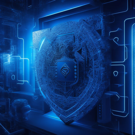 An abstract composition featuring interlocking digital puzzle pieces, shield icons, and subtle e-commerce elements, set against a dark blue background with neon blue accents, conveying a sense of secure online transactions.
