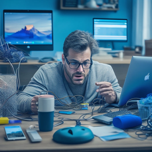 A frustrated online shopper sitting in front of a laptop with a frozen screen, surrounded by scattered papers and broken gadgets, with a tangled mess of wires and cords in the background.