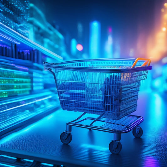 A futuristic, sleek shopping cart overflowing with glowing blue circuits, microchips, and gears, set against a blurred cityscape background with neon lights reflecting off a polished floor.