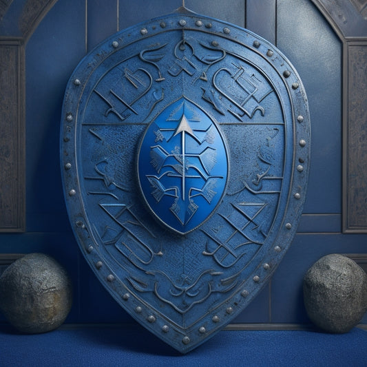 A strong, bold shield with a boot print in the center, surrounded by a circle of broken return arrows, on a dark blue background with a subtle grid pattern.