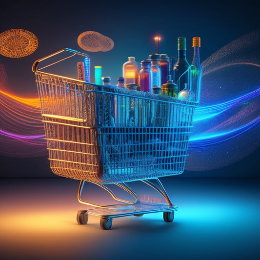 A futuristic, minimalist illustration featuring a stylized shopping cart with a glowing, pulsing aura, surrounded by swirling threads of code and fragmented product images in various shapes and sizes.