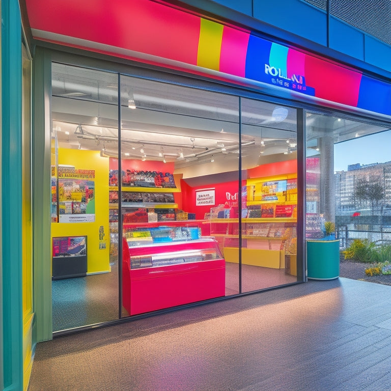 A modern, sleek storefront with a large glass window showcasing a Roland DGA printer, surrounded by vibrant graphics and colorful flags, with a red "SALE" tag hanging from the ceiling.