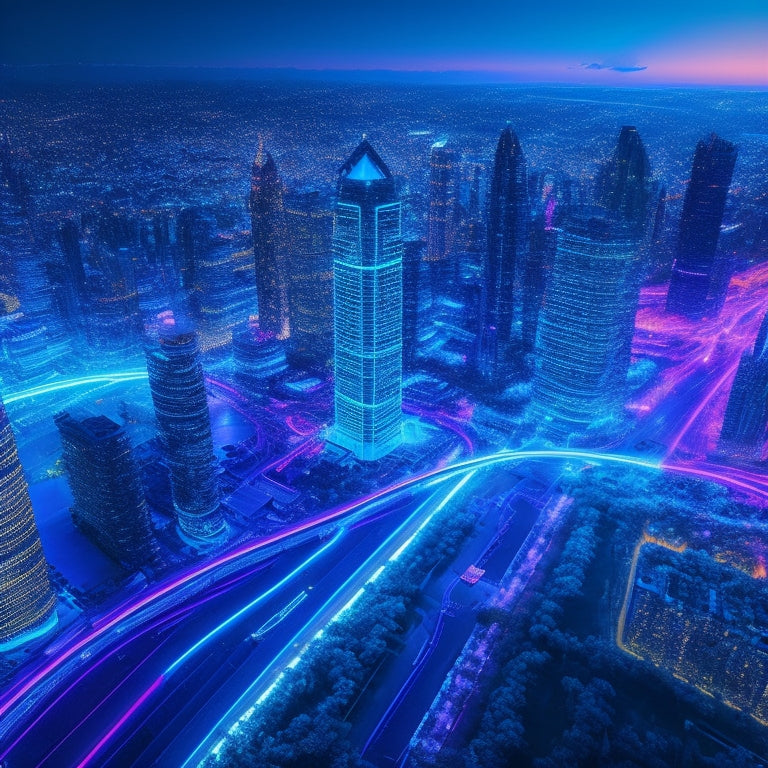 A futuristic cityscape with sleek skyscrapers and neon lights, intersected by glowing blue circuits and wires, with 3D holographic product displays and drones delivering packages amidst a flurry of digital code and swirling data streams.