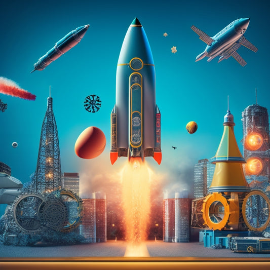 A stylized illustration of a rocket ship blasting off, leaving behind a trail of screens displaying digital products and online courses, with gears and cogs in the background, symbolizing speed and scalability.