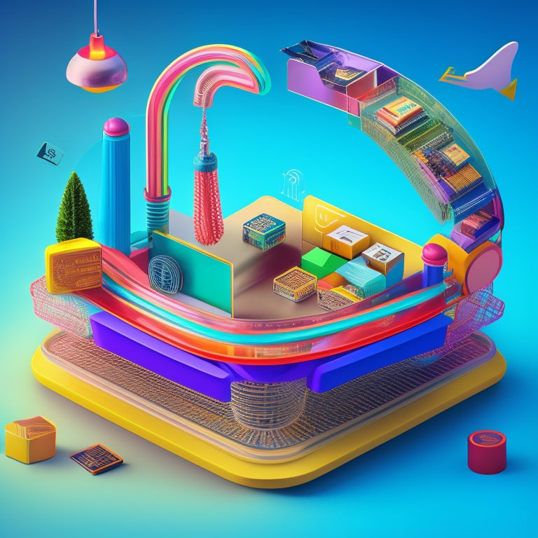 A colorful, whimsical illustration of various e-commerce elements, including shopping carts, credit cards, and laptops, connected by arrows and flowing lines, forming a dynamic, layered flowchart.
