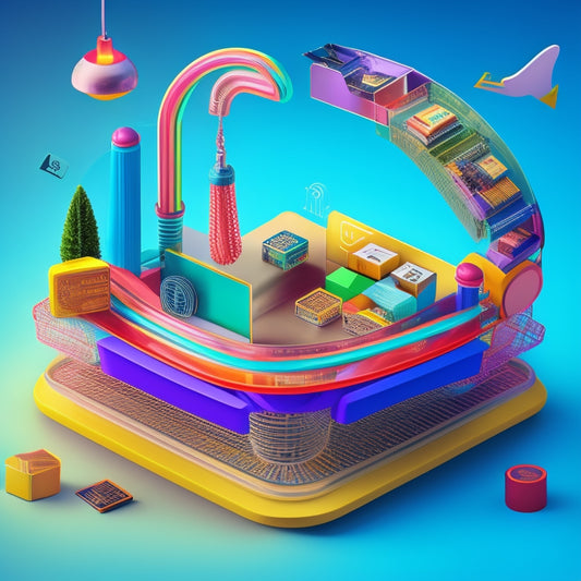 A colorful, whimsical illustration of various e-commerce elements, including shopping carts, credit cards, and laptops, connected by arrows and flowing lines, forming a dynamic, layered flowchart.