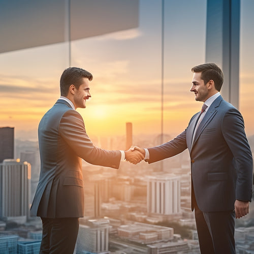 A handshake between two business professionals in front of a cityscape at sunrise, with a subtle contract or agreement in the background, surrounded by ascending arrows and growing graphs.