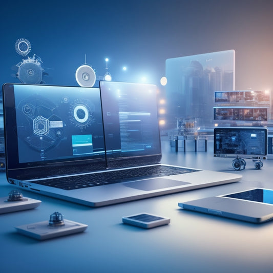 A futuristic, minimalist digital landscape with sleek, interconnected gears and cogs, surrounded by floating laptops, tablets, and smartphones, displaying ecommerce and online course creation interfaces.