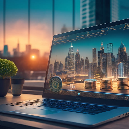 A stylized illustration of a laptop screen displaying a rising digital graph, surrounded by coins, gears, and a subtle cityscape in the background, with a subtle glow effect.