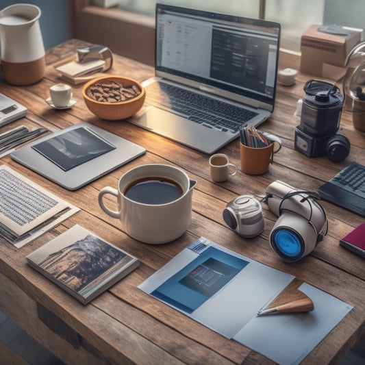 A cluttered desk with a laptop, surrounded by scattered papers, coffee cups, and various digital tools like a graphics tablet, headphones, and a portable hard drive, amidst a subtle ecommerce-inspired background.