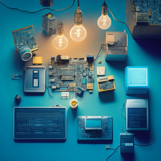 A minimalist illustration featuring a puzzled ecommerce merchant surrounded by scattered laptops, tablets, and smartphones, with a lightbulb moment above their head, amidst a subtle background of circuit boards and coding symbols.