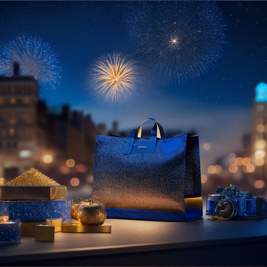 A dark blue background with a gold shopping bag in the center, surrounded by confetti and lit fireworks, with a subtle cityscape at dusk in the background, conveying excitement and celebration.