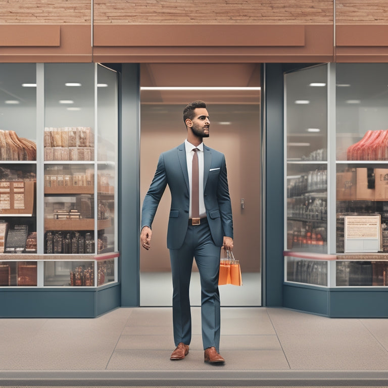 A stylized illustration of a strong, confident businessperson standing in front of a modern, sleek storefront with a prominent shopping cart icon above the entrance, surrounded by subtle commerce-related elements.