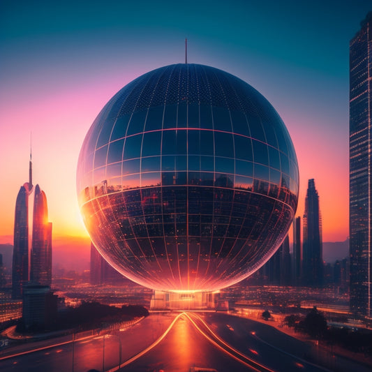 A futuristic cityscape at dusk with sleek skyscrapers and neon lights, featuring a large, glowing orb representing iMerchant Direct, radiating vibrant, pulsing lines that connect and empower surrounding buildings.
