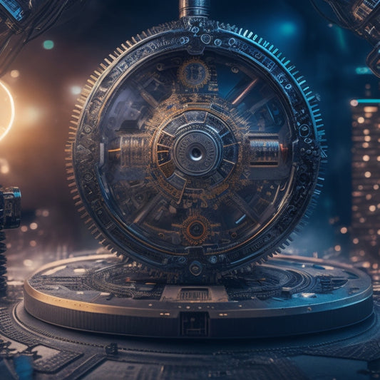 A futuristic, high-tech illustration featuring a central robot surrounded by orbiting gears, cogs, and clockwork mechanisms, amidst a background of subtle circuits and motherboard patterns.
