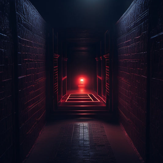 A dimly lit, eerie maze with twisting corridors and dead ends, representing the confusing and misleading nature of dark patterns on websites, with a faint glow of a red "X" in the distance.