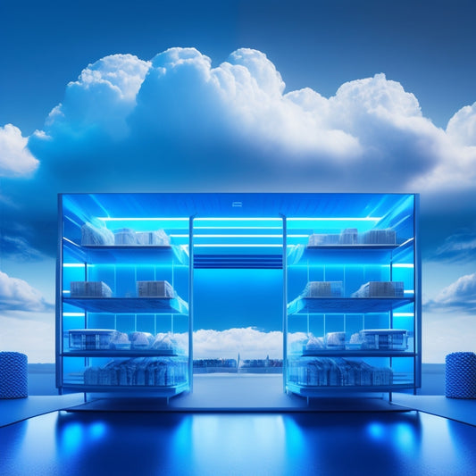 A futuristic, minimalist illustration of a storefront with sleek, metallic shelves and glowing blue accents, surrounded by orbiting shopping carts and swirling clouds of ones and zeros.