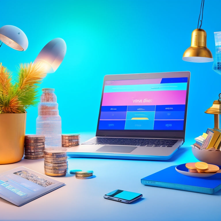 An illustration of a thriving online store, with a laptop and smartphone displaying a website, surrounded by rising graphs, coins, and shopping bags, set against a bright blue background with subtle commerce icons.