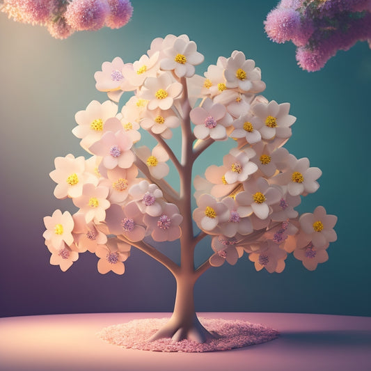 A stylized, minimalist illustration of a blooming flower or a growing tree, with puzzle pieces fitting together in the background, surrounded by subtle, shimmering lights and soft, pastel colors.