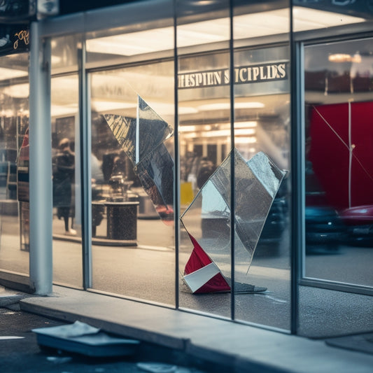 A cracked mirror reflecting a deceitful storefront with a "Helpful Downloads" sign, surrounded by torn papers and broken computers, with a red "X" marked through it.