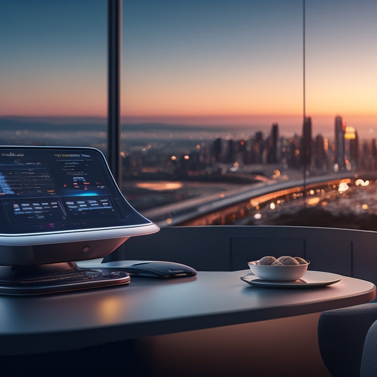 A futuristic dashboard with sleek, curved lines and a holographic interface displaying various e-commerce metrics, surrounded by minimalistic, modern furniture and a cityscape at dusk in the background.