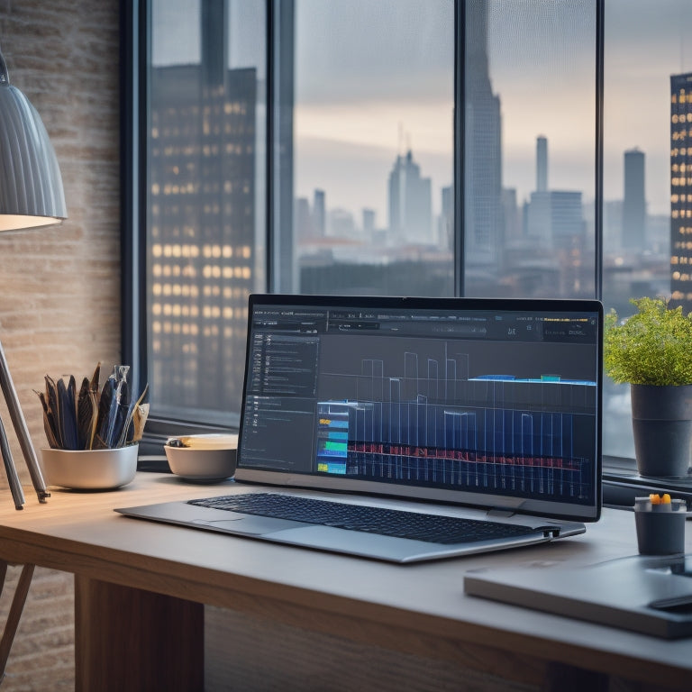 A sleek, modern laptop on a minimalist desk, surrounded by scattered digital product mockups, with a few colorful graphs and charts in the background, and a subtle cityscape outside the window.