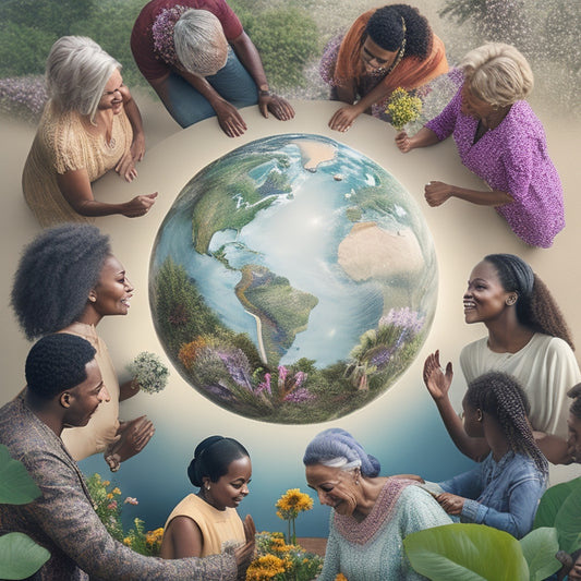 An illustration of a diverse group of people from different age groups and ethnicities gathered around a large, transparent globe, shaking hands and exchanging flowers, surrounded by subtle icons of fair trade and sustainability.